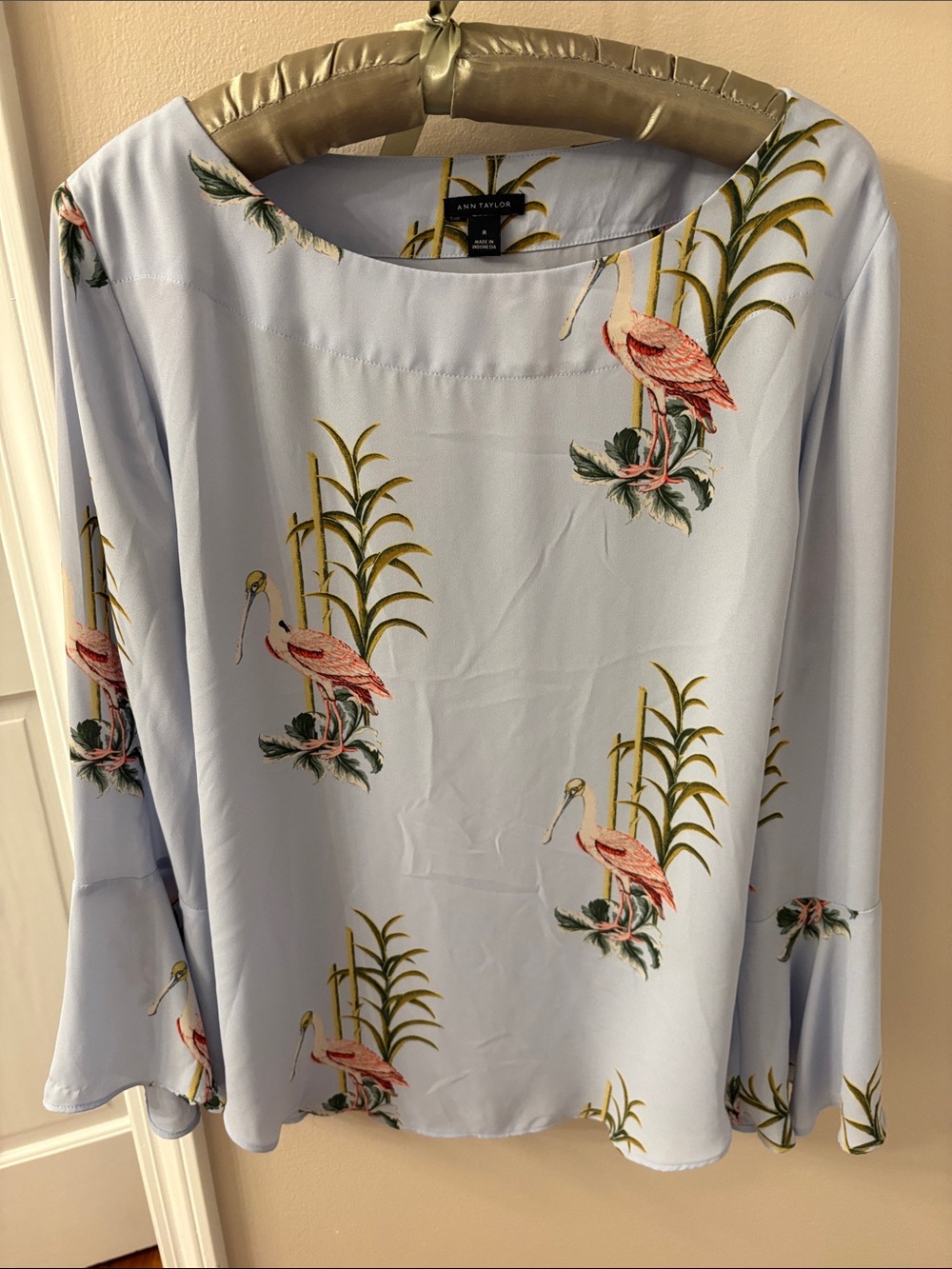 Ann Taylor Light Blue Flamingo Print Long-Sleeve Top